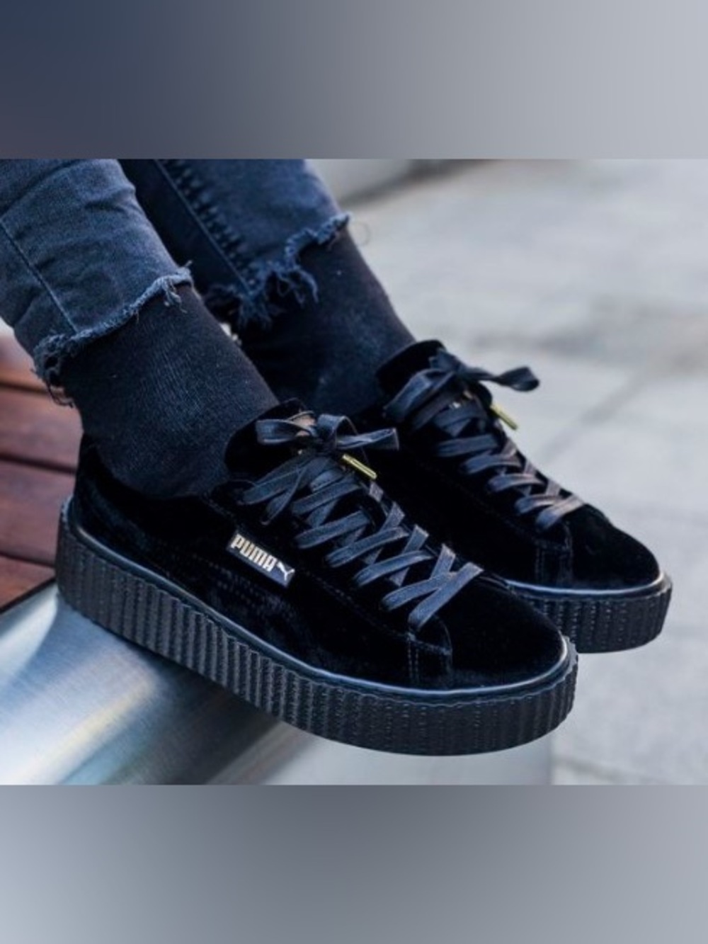 Puma | Fenty Black Velvet Platform Sneakers with Gold Accents